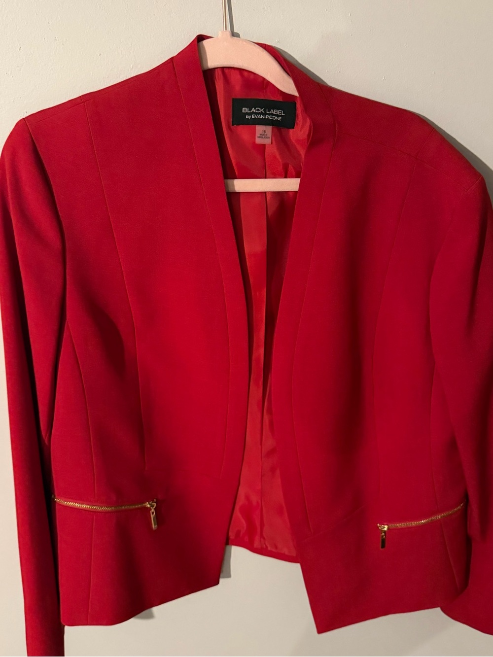 Evan Picone Red Open-Front Blazer with Gold Zippers